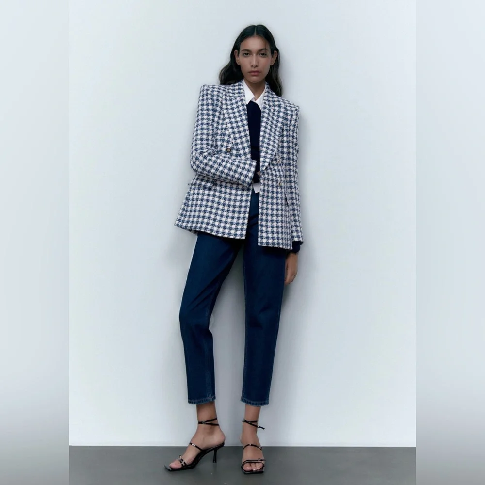 NWT Zara double breasted textured jacket blazer lapel collar shoulder pads - Picture 3 of 10